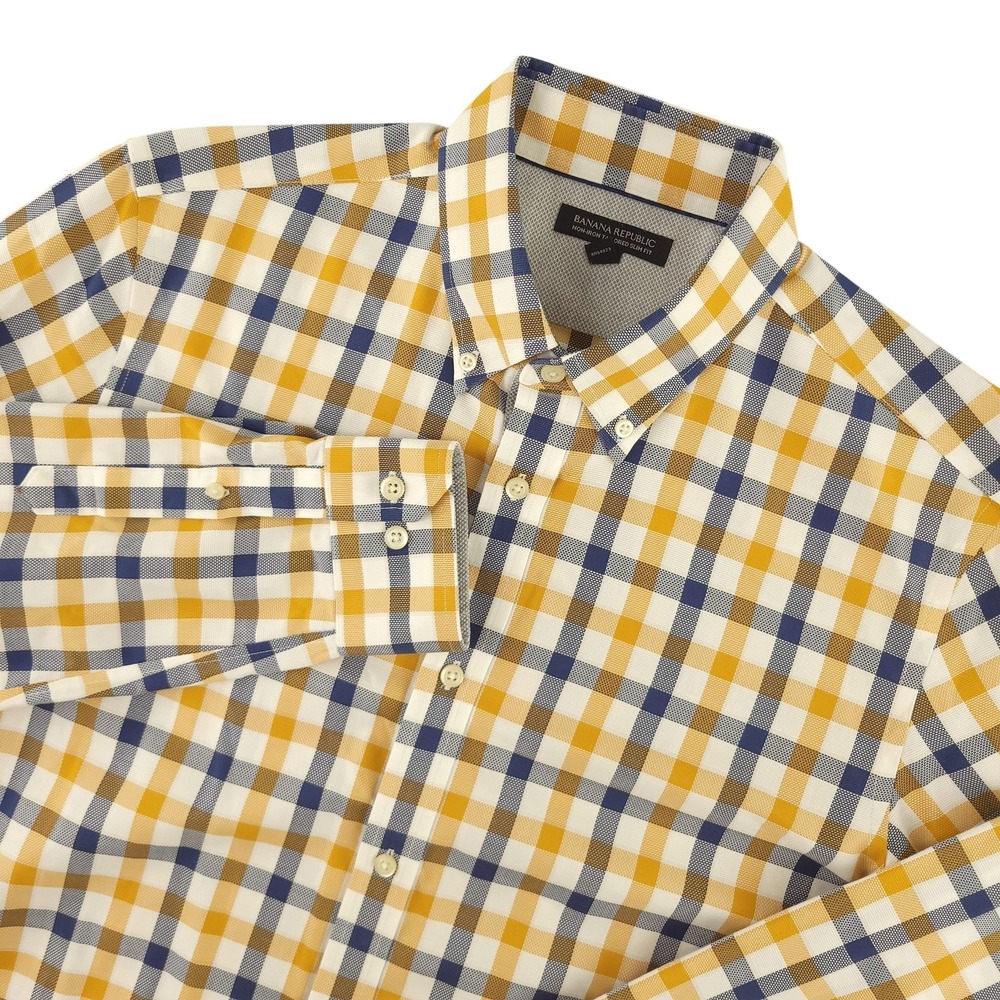 Banana Republic Oxford Dress Shirt Mens L Yellow Blue Gingham Slim Fit Non Iron